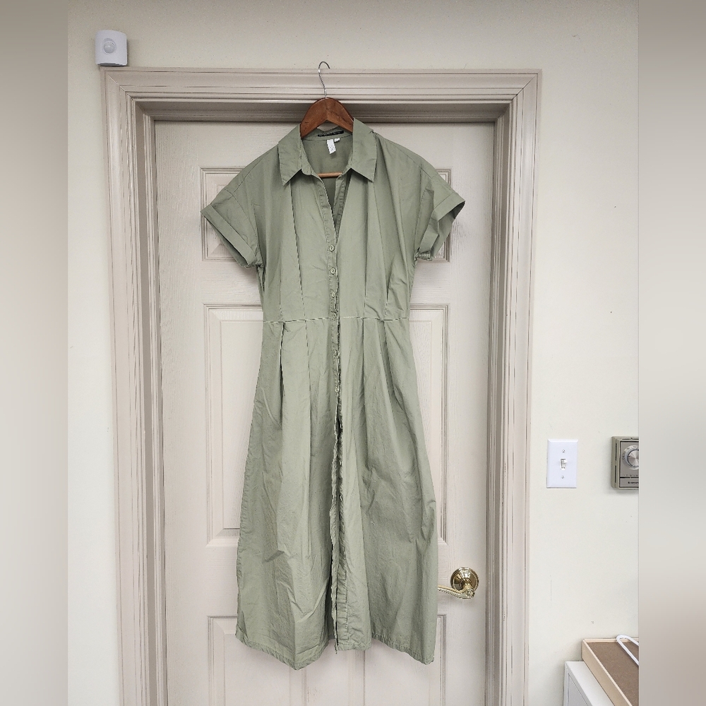 S.Oliver Sage Green Midi Shirt Dress with Short Sleeves